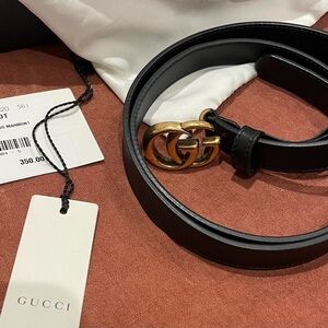 Gucci Black Leather Skinny Belt with Gold Buckle